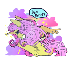 Size: 964x850 | Tagged: safe, artist:batthsalts, imported from derpibooru, fluttershy, alicorn, pony, alicornified, butt tail, cloud, dot eyebrows, fluttercorn, partially open wings, race swap, side view, simple background, solo, sparkles, speech, speech bubble, talking, text, white background, wings