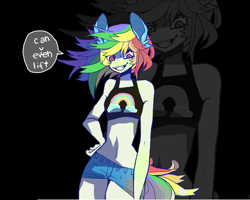 Size: 1208x964 | Tagged: safe, artist:batthsalts, imported from derpibooru, rainbow dash, rainbow dash (g3), anthro, black background, clothes, female, g3, midriff, shorts, simple background, smiling, solo, sports bra, text