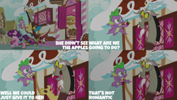 Size: 2000x1125 | Tagged: safe, edit, edited screencap, editor:quoterific, imported from derpibooru, screencap, discord, spike, sugar belle, draconequus, dragon, pony, unicorn, the big mac question, apple, bag, food, saddle bag, sugarcube corner, winged spike, wings