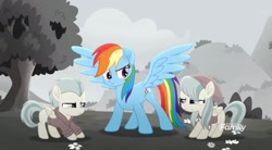 Size: 2160x1191 | Tagged: safe, imported from derpibooru, screencap, barley barrel, pickle barrel, rainbow dash, pegasus, pony, rainbow roadtrip, annoyed, barrel twins, brother and sister, clothes, cloud, cute, female, flower, gray, hat, hill, hoodie, male, shirt, siblings, t-shirt, tree, twins