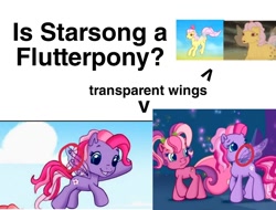 Size: 1000x758 | Tagged: safe, imported from derpibooru, rosedust, starsong, flutter pony, pegasus, pony, fairy wings, g1, g3, g3.5, queen rosedust, species, species swap, theory, transparent wings, wings