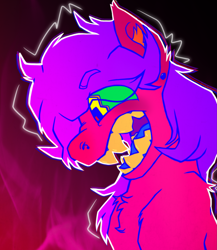 Size: 2369x2730 | Tagged: safe, artist:thatonefluffs, imported from derpibooru, oc, oc:misanthropic misery, earth pony, pony, colorful, ear piercing, eyebrows, eyebrows visible through hair, fire, fluffy, nose piercing, piercing, ponysona, scruff, sharp teeth, solo, teeth, vent art