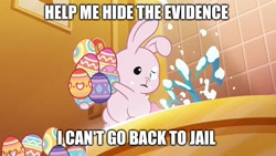 Size: 800x450 | Tagged: safe, edit, edited screencap, imported from derpibooru, screencap, rabbit, spoiler:g5, spoiler:my little pony: tell your tale, spoiler:tyts01e48, animal, caption, crime, easter, easter egg, g5, holiday, image macro, my little pony: tell your tale, text, the hunt for eggmund bunny, toilet