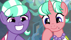 Size: 1280x720 | Tagged: safe, imported from derpibooru, screencap, stepford ponies, unicorn, what lies beneath, beauty mark, duo, female, jewelry, mare, mole, necklace, nightmare cave, pearl necklace, smiling