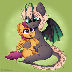 Size: 2500x2500 | Tagged: safe, artist:madelinne, imported from derpibooru, scootaloo, oc, oc:maverick shadowclaw, bat pony, pegasus, pony, bat pony oc, bat wings, cuddling, duo, female, filly, foal, happy, horns, hug, simple background, wings