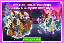 Size: 1961x1300 | Tagged: safe, imported from derpibooru, fall foliage, fern flare, maple brown, pumpkin smoke, kirin, advertisement, cloven hooves, collection, english, female, gameloft, horn, male, mobile game, my little pony: magic princess, official, river song, season sunshine, text
