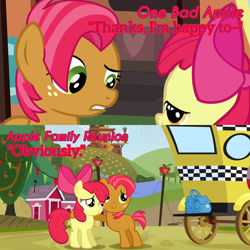Size: 3072x3072 | Tagged: safe, edit, edited screencap, editor:itsmgh1203, imported from derpibooru, screencap, apple bloom, babs seed, earth pony, pony, apple family reunion, one bad apple, season 3, apple bloom's bow, bow, duo, duo female, female, filly, foal, hair bow, hug, open mouth, smiling, taxi, text