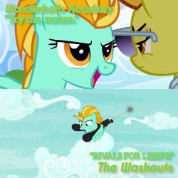 Size: 3072x3072 | Tagged: safe, edit, edited screencap, editor:itsmgh1203, imported from derpibooru, screencap, lightning dust, spitfire, pegasus, pony, season 3, season 8, the washouts (episode), wonderbolts academy, spoiler:s08, duo, duo female, female, frown, mare, open mouth, open smile, smiling, spread wings, sunglasses, text, the washouts, wings