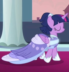 Size: 1479x1560 | Tagged: safe, imported from derpibooru, screencap, twilight sparkle, alicorn, pony, season 9, the last problem, spoiler:s09, alternate hairstyle, canterlot, canterlot castle, clothes, coronation, coronation dress, cropped, dress, evening, eyes closed, gown, regal, sash, second coronation dress, shoes, solo, twilight sparkle (alicorn), walking