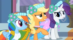 Size: 2160x1192 | Tagged: safe, imported from derpibooru, screencap, applejack, rainbow dash, rarity, earth pony, pegasus, pony, unicorn, a canterlot wedding, bridesmaid dress, canterlot, canterlot castle, clothes, confused, dress, floral head wreath, flower, flower in hair, force field, gown, looking up, marriage, raised hoof, royal wedding, wedding