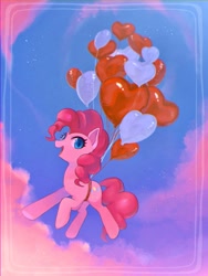 Size: 1500x2000 | Tagged: safe, artist:hosikawa, imported from derpibooru, pinkie pie, earth pony, pony, balloon, cloud, female, floating, heart, heart balloon, mare, open mouth, open smile, sky, smiling, solo, then watch her balloons lift her up to the sky