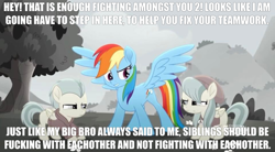 Size: 2160x1191 | Tagged: safe, anonymous editor, edit, edited screencap, imported from derpibooru, screencap, barley barrel, pickle barrel, rainbow dash, pegasus, pony, rainbow roadtrip, angry, annoyed, barrel twins, barrelcest, beanie, blank flank, brother, brother and sister, caption, closed mouth, clothes, cloud, colt, cute, dialogue, discovery family, discovery family logo, exclamation point, eyebrows, eyelashes, eyes open, family, female, filly, flower, foal, freckles, g4, gray, gritted teeth, hat, hill, hoodie, image macro, imminent foalcon, imminent impregnation, imminent incest, imminent sex, impact font, implied foalcon, implied incest, implied sex, implied shipping, incest, logo, looking, looking at each other, looking at someone, male, mare, nostrils, open mouth, outdoors, shipping, shirt, siblings, sister, spread wings, straight, symbol, t-shirt, talking, teeth, text, text edit, this will end in pregnancy, tree, twincest, twins, wall of tags, wings