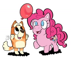 Size: 1638x1390 | Tagged: safe, artist:amynewblue, imported from derpibooru, pinkie pie, balloon, bingo heeler, bluey, happy, keepy uppy, open mouth, playing, simple background, that pony sure does love balloons, white background