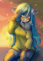 Size: 3508x4961 | Tagged: safe, artist:chaosangeldesu, imported from derpibooru, oc, anthro, deer, clothes, cute, flower, flower in hair, hoodie, long hair, solo, sunset