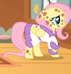 Size: 632x656 | Tagged: safe, imported from derpibooru, screencap, fluttershy, pony, hurricane fluttershy, bathrobe, clothes, cropped, fake, female, mare, pony pox, raised hoof, robe, solo