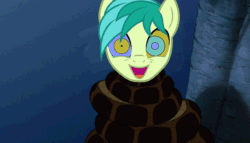 Size: 1181x677 | Tagged: safe, artist:ocean lover, edit, edited screencap, imported from derpibooru, screencap, sandbar, earth pony, animated, coils, disney, forest, gif, happy, hypno eyes, hypnosis, hypnotized, kaa, kaa eyes, looking at you, male, night, open mouth, open smile, smiling, squeeze, stallion, teenager, the jungle book, tree, wrapped up