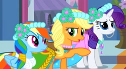 Size: 2160x1192 | Tagged: safe, imported from derpibooru, screencap, earth pony, pegasus, pony, unicorn, bridesmaid, bridesmaid dress, canterlot, canterlot castle, clothes, confused, confusion, dress, floral head wreath, flower, flower in hair, force field, marriage, raised hoof, royal wedding, wedding