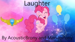 Size: 1920x1080 | Tagged: safe, artist:aaliyah_rosado, artist:mandopony, artist:user15432, imported from derpibooru, part of a set, pinkie pie, earth pony, pony, bokeh, element of laughter, eyes closed, gradient background, laughing, open mouth, smiling, solo, sparkly background