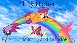 Size: 1920x1080 | Tagged: safe, artist:aaliyah_rosado, artist:mandopony, artist:user15432, imported from derpibooru, scootaloo, pegasus, pony, blue sky, cloud, female, filly, flapping wings, flying, foal, i'll fly higher, open mouth, rainbow, sky, smiling, solo, wings