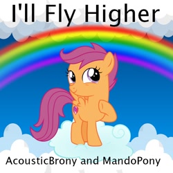 Size: 900x900 | Tagged: safe, artist:aaliyah_rosado, artist:mandopony, artist:user15432, imported from derpibooru, scootaloo, pegasus, pony, album, album cover, blue sky, cloud, female, filly, foal, i'll fly higher, looking up, rainbow, sky, smiling, solo