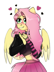 Size: 1620x2160 | Tagged: safe, artist:rtootb, imported from derpibooru, fluttershy, anthro, pegasus, black coat, black nails, black top, blushing, choker, clothes, collar, draw this in your style, dtiys, dtiys emoflat, evening gloves, female, fingerless elbow gloves, fingerless gloves, floating heart, g4, gloves, heart, jacket, leather, leather jacket, long gloves, looking offscreen, looking up, mare, midriff, nail polish, pink skirt, simple background, smiling, solo, spiked choker, spread wings, striped gloves, white background, wings