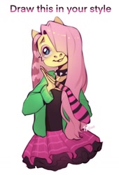 Size: 1064x1562 | Tagged: safe, artist:fedos, imported from derpibooru, fluttershy, anthro, blushing, choker, clothes, cute, draw this in your style, dtiys, dtiys emoflat, evening gloves, fingerless elbow gloves, fingerless gloves, gloves, hair over one eye, hoodie, it begins, long gloves, meme origin, signature, simple background, skirt, solo, spiked choker, striped gloves, sweater, white background