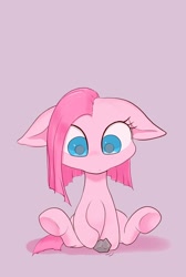 Size: 1376x2048 | Tagged: safe, artist:noupu, imported from derpibooru, pinkie pie, earth pony, pony, colored pupils, cute, diapinkes, female, filly, filly pinkie pie, floppy ears, pinkamena diane pie, purple background, rock, simple background, sitting, solo, younger