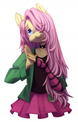 Size: 1284x1988 | Tagged: safe, artist:1nka, imported from derpibooru, fluttershy, anthro, choker, clothes, cute, draw this in your style, dtiys, dtiys emoflat, evening gloves, fingerless elbow gloves, fingerless gloves, gloves, hair over one eye, hoodie, long gloves, signature, simple background, skirt, solo, spiked choker, striped gloves, sweater, white background