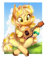Size: 987x1280 | Tagged: safe, artist:sofiko-ko, imported from derpibooru, oc, oc only, pony, unicorn, apple, bracelet, choker, cloud, ear fluff, flower, flower in hair, food, grass, horn, jewelry, musical instrument, partial background, peace, playing, sky, small horn, solo, sticker, text, ukulele, unshorn fetlocks