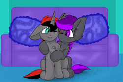 Size: 6000x4000 | Tagged: safe, artist:noblebrony317, imported from derpibooru, oc, oc:moonlight thunder, oc:shadow blade, bat pony, pony, unicorn, bat pony oc, bat wings, couch, horn, hug, looking at each other, looking at someone, one eye closed, pillow, sitting, snuggling, unicorn oc, wings