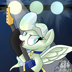 Size: 2500x2500 | Tagged: safe, artist:notadeliciouspotato, imported from derpibooru, vapor trail, pegasus, pony, clothes, collar, electric guitar, female, guitar, mare, musical instrument, open mouth, open smile, signature, smiling, socks, solo, spotlight, spread wings, stockings, thigh highs, wings