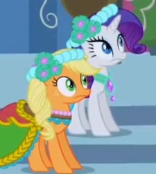 Size: 1388x1545 | Tagged: safe, imported from derpibooru, screencap, applejack, rarity, earth pony, pony, unicorn, a canterlot wedding, animation error, bridesmaid, bridesmaid dress, clothes, cropped, do not want, dress, floral head wreath, flower, flower in hair, gown, marriage, royal wedding, shocked, steps, surprised, upscaled, wedding