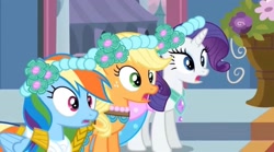 Size: 2160x1202 | Tagged: safe, imported from derpibooru, screencap, applejack, rainbow dash, rarity, earth pony, pegasus, pony, unicorn, a canterlot wedding, bridesmaid, bridesmaid dress, canterlot, canterlot castle, clothes, dress, floral head wreath, flower, flower in hair, force field, gasp, gasping, gown, marriage, royal wedding, shocked, surprised, upscaled, wedding