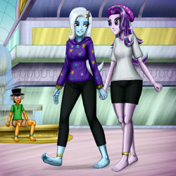 Size: 3600x3600 | Tagged: safe, artist:artemis-polara, imported from derpibooru, starlight glimmer, trixie, oc, oc:myoozik the dragon, human, equestria girls, anklet, barefoot, barefooting, clothes, commission, feet, female, fetish, foot fetish, fountain, hat, heart, heart eyes, holding hands, hoodie, jewelry, lesbian, mall, nail polish, pants, shipping, shirt, shorts, smiling, startrix, wingding eyes