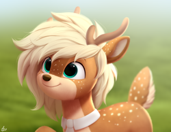 Size: 1800x1400 | Tagged: safe, artist:luminousdazzle, imported from derpibooru, oc, oc only, oc:deeraw, deer, deer pony, original species, antlers, bust, cute, deer oc, deer tail, gift art, male, markings, necktie, non-pony oc, ocbetes, semi-realistic, smiling, solo, spots, tail