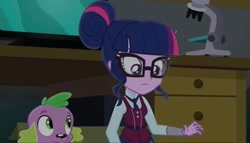 Size: 2160x1238 | Tagged: safe, imported from derpibooru, screencap, sci-twi, spike, spike the regular dog, twilight sparkle, dog, human, equestria girls, friendship games, clothes, crystal prep academy, crystal prep academy uniform, female, glasses, hair bun, necktie, school, school uniform, schoolgirl, uniform