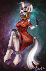 Size: 660x1020 | Tagged: safe, artist:inkkey, imported from derpibooru, zecora, anthro, unguligrade anthro, zebra, clothes, dress, ear piercing, earring, female, hand, jewelry, looking at you, mohawk, neck rings, piercing, signature, solo, tail, unshorn fetlocks
