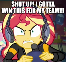 Size: 532x500 | Tagged: safe, edit, edited screencap, imported from derpibooru, screencap, fluttershy, sunset shimmer, human, equestria girls, cropped, gaming, rageset shimmer, solo focus