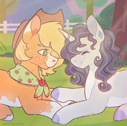 Size: 828x824 | Tagged: safe, artist:saltytangerine, imported from derpibooru, applejack, rarity, earth pony, pony, unicorn, alternate design, alternate hairstyle, clothes, couple, cowboy hat, cute, duo, duo female, ear piercing, earring, eyes closed, female, freckles, hat, holding hooves, horn, horn ring, jewelry, lesbian, lying down, older, piercing, raribetes, rarijack, redesign, ring, scar, scarf, shipping, smiling, unshorn fetlocks