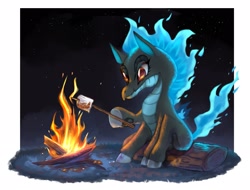 Size: 2048x1560 | Tagged: safe, artist:luo_qiangwei, imported from derpibooru, dragon, hybrid, longma, them's fightin' herds, alternate color palette, campfire, community related, female, food, mane of fire, marshmallow, solo, stars, tail, tail of fire, tianhuo (tfh)