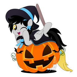 Size: 7800x7764 | Tagged: safe, alternate version, artist:jhayarr23, imported from derpibooru, oc, oc only, oc:lightning dee, bat, pegasus, pony, broom, cape, clothes, commission, fangs, female, folded wings, halloween, hat, holiday, jack-o-lantern, mare, moon, night, night sky, one eye closed, pumpkin, simple background, sky, solo, spider web, transparent background, tree, wings, wink, witch hat, ych result