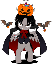 Size: 4071x5000 | Tagged: safe, alternate version, artist:jhayarr23, imported from derpibooru, bat, pegasus, pony, undead, vampire, bipedal, candy, cape, clothes, commission, fangs, floppy ears, folded wings, food, gerard way, halloween, holiday, jack-o-lantern, looking at you, male, moon, my chemical romance, night, night sky, ponified, pumpkin, pumpkin bucket, simple background, sky, solo, stallion, transparent background, tree, wings, ych result