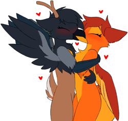 Size: 1459x1377 | Tagged: safe, artist:starstrucksocks, imported from derpibooru, oc, oc only, oc:amber wing, oc:gráinne ní bhroin, griffon, cybernetic arm, cybernetic wings, deergriff, heart, hug, simple background, white background, wings