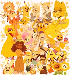 Size: 1916x2048 | Tagged: safe, artist:honwowo, imported from derpibooru, anthro, bird, dog, human, pegasus, pikachu, robot, adventure time, alphys, animal crossing, animatronic, anime, big bird, bill cipher, brother and sister, cartoon network, chica, clothes, cookie run, crossover, cuddles (happy tree friends), cupcake, denim, disney, female, five nights at freddy's, flower, flowey, food, gem, glasses, gravity falls, happy tree friends, isabelle, jake the dog, jeans, kagamine len, kagamine rin, looney tunes, magical girl, male, mami tomoe, nail polish, nickelodeon, pants, pbs, pixar, plants vs zombies, pokémon, priya mangal, puella magi madoka magica, sesame street, shirt, shoes, siblings, skirt, sneakers, spongebob squarepants, spongebob squarepants (character), steven universe, sundrop, sunflower, the muppets, timekeeper cookie, toenail polish, turning red, tweety bird, twins, undertale, vocaloid, yellow, yellow diamond (steven universe)
