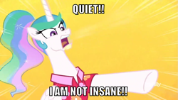 Size: 1067x600 | Tagged: safe, edit, edited screencap, editor:twi clown, imported from derpibooru, screencap, princess celestia, alicorn, pony, between dark and dawn, alternate hairstyle, angry, caption, clothes, female, hawaiian shirt, image macro, mare, pointing, ponytail, shirt, solo, text