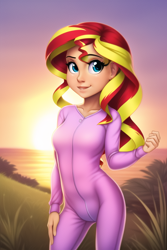 Size: 512x768 | Tagged: safe, imported from derpibooru, sunset shimmer, human, machine learning generated, novelai, onesie, stable diffusion, sunset