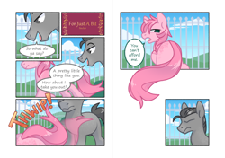 Size: 1280x902 | Tagged: safe, artist:sinclair2013, imported from derpibooru, oc, oc:blossom branch, oc:generic grey, pony, unicorn, comic, duo, implied gay, male, nudity, sheath, stallion