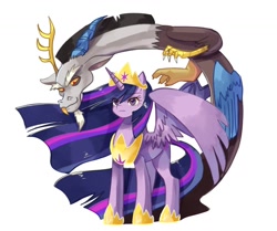 Size: 1254x1046 | Tagged: safe, artist:plusplus_pony, imported from derpibooru, discord, twilight sparkle, alicorn, draconequus, pony, the last problem, antlers, crown, duo, duo male and female, female, future twilight, horn, jewelry, male, mare, older, older twilight, princess twilight 2.0, regalia, simple background, twilight sparkle (alicorn), white background