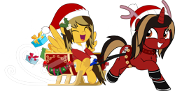 Size: 5000x2610 | Tagged: safe, artist:jhayarr23, imported from derpibooru, pegasus, pony, unicorn, alex gaskarth, all time low, antlers, bell, boots, cheek fluff, chest fluff, christmas, clothes, commission, costume, duo, duo male, dyed mane, dyed tail, eyes closed, gloves, grin, happy, hat, holiday, holly, hoof fluff, hoof hold, horn, jack barakat, looking back, male, open mouth, ponified, present, running, santa costume, santa hat, shoes, simple background, sitting, sled, smiling, spread wings, stallion, tail, transparent background, wings, ych result