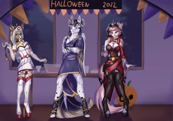 Size: 4096x2887 | Tagged: safe, artist:sugarypolecat, imported from derpibooru, oc, oc:sketch blackwing, oc:sugar polecat, anthro, unicorn, breasts, cleavage, clothes, crossdressing, female, halloween, high heels, holiday, lipstick, male, mare, nurse outfit, pumpkin, shoes, stallion, vampire costume, window